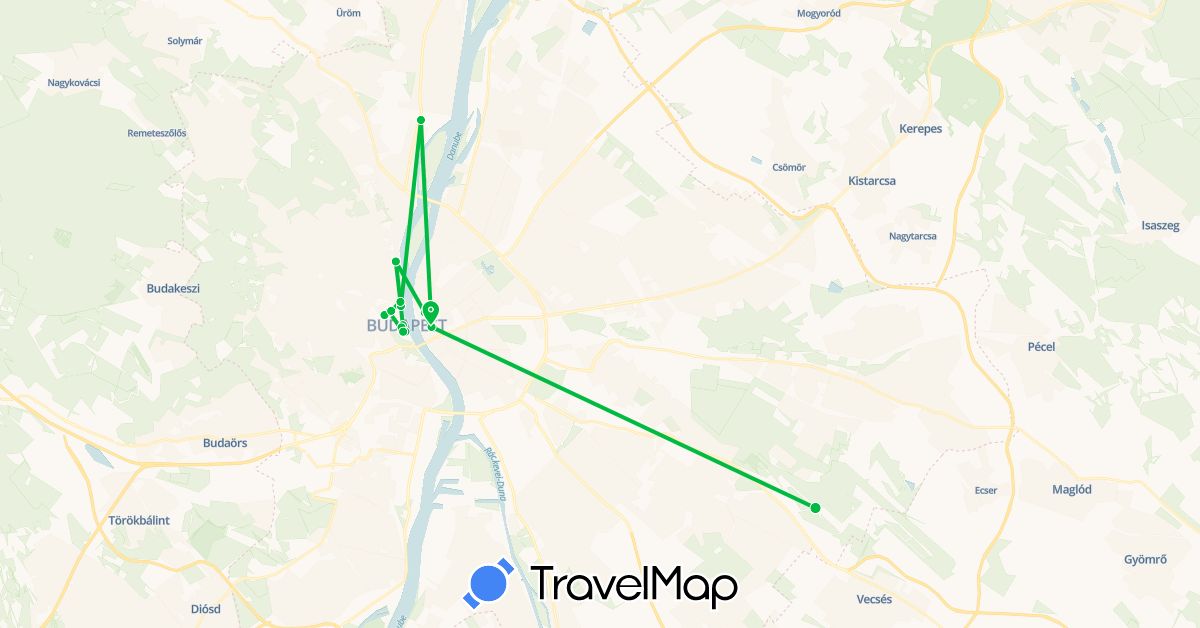 TravelMap itinerary: bus, plane in Hungary (Europe)